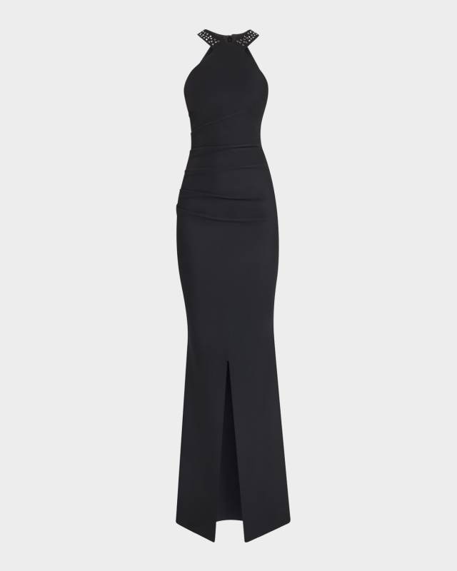 Jewel-Embellished Halter Mermaid Gown